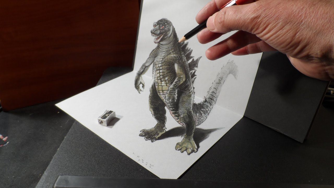 3D Drawing Godzilla, Trick Art, Time Lapse  Costin Craioveanu